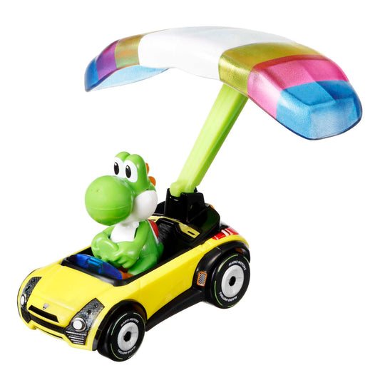 Hot Wheels Mario Kart Veículo de Brinquedo Yoshi Sports Coupê com Paraquedas
