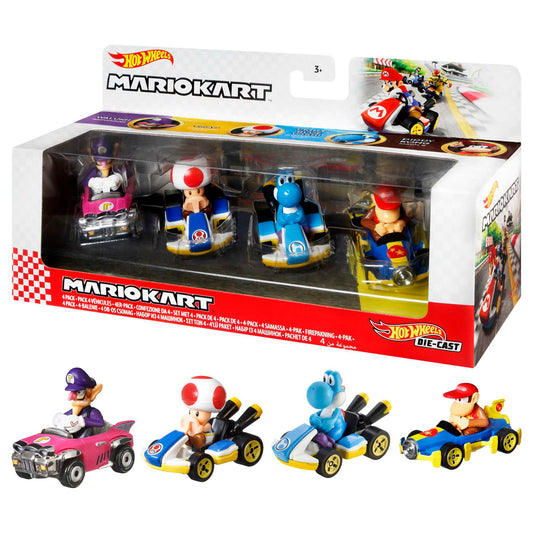Hot Wheels Mario Kart Vehículo de Juguete Paquete de 4 con Diddy Kong, Waluigi, Toad y Yoshi azul