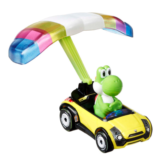Hot Wheels Mario Kart Veículo de Brinquedo Yoshi Sports Coupê com Paraquedas