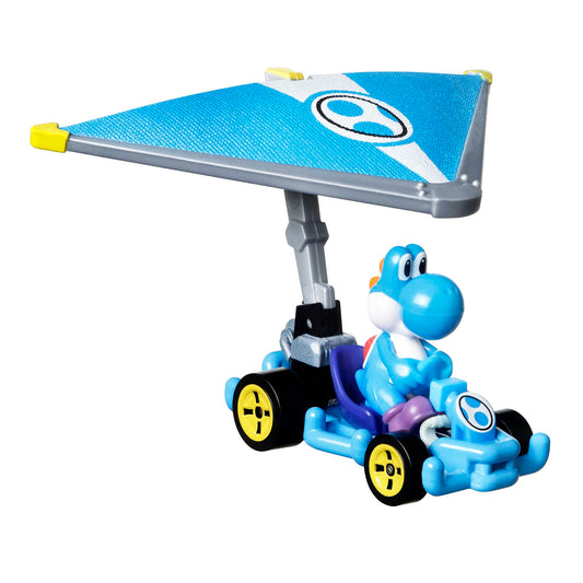 Hot Wheels Mario Kart Veículo de Brinquedo Yoshi Azul Claro Pipe Frame com Super Glider