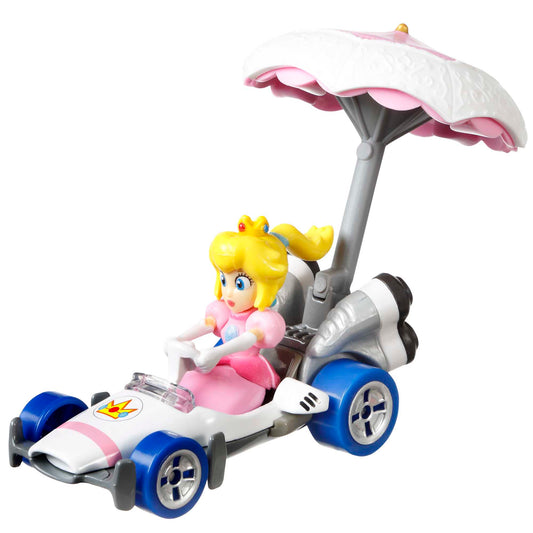 Hot Wheels Mario Kart Veículo de Brinquedo Princesa Peach B-Dasher com Peach guarda-sol